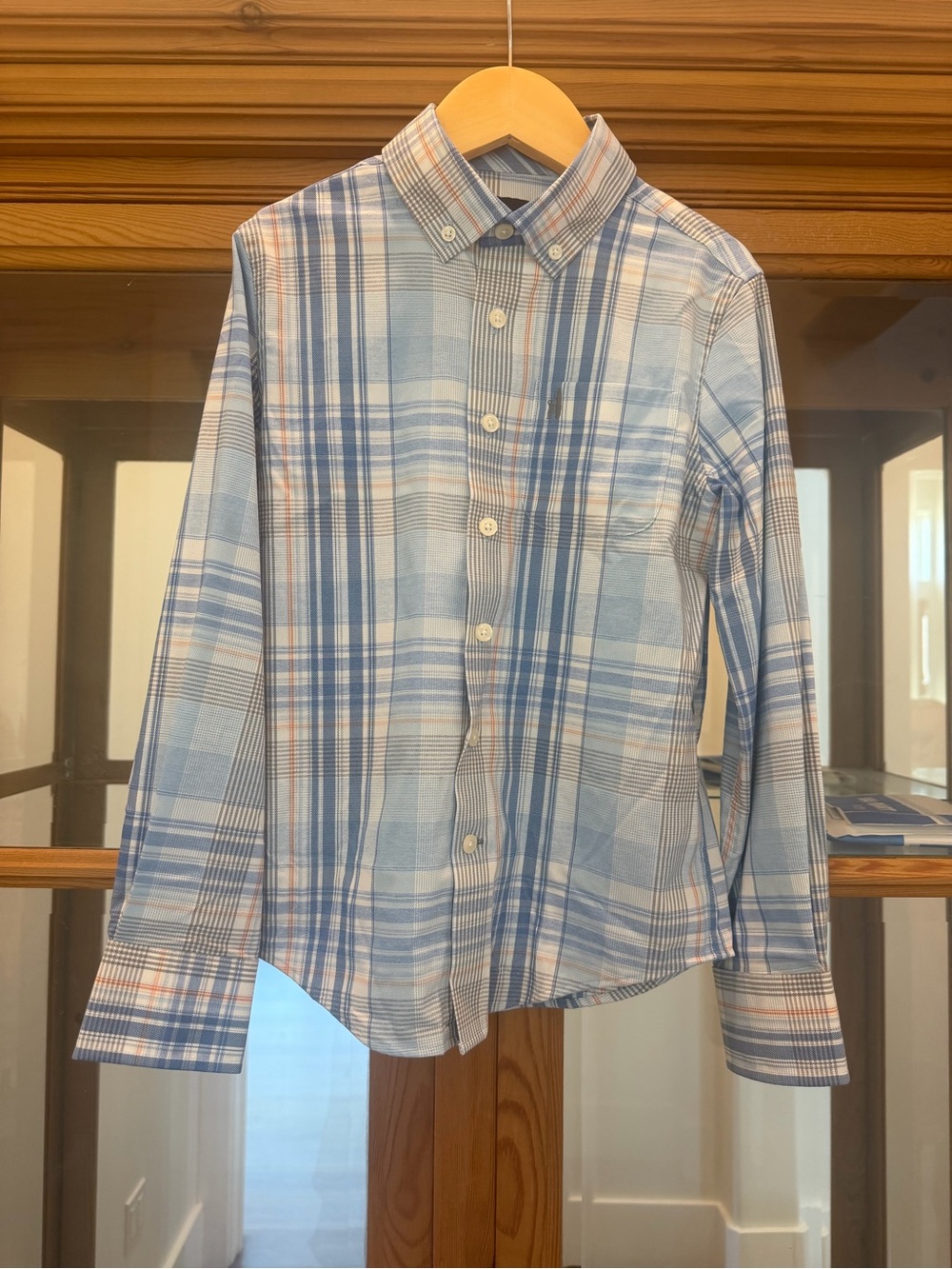 Boys performance Johnnie-O Light Blue Plaid Button-Down Shirt, Size 8